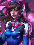  1girl animal_print artist_name backlighting bangs blue_bodysuit bodysuit breasts brown_eyes brown_hair bunny_print carlos_miguel charm_(object) d.va_(overwatch) eyelashes facepaint facial_mark freckles gloves gun handgun headphones high_collar highres holding holding_gun holding_weapon lips long_hair looking_at_viewer mecha medium_breasts nose overwatch pilot_suit pink_lips pistol purple_background realistic ribbed_bodysuit shoulder_pads signature skin_tight solo swept_bangs upper_body weapon whisker_markings white_gloves 