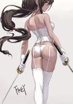  1girl artist_name ass bare_arms bare_shoulders breasts brown_hair commentary_request corset dual_wielding feet_out_of_frame fkey from_behind garter_straps gloves grey_background highres holding holding_sword holding_weapon katana legs_together long_hair looking_at_viewer looking_back medium_breasts original panties profile red_eyes sidelocks signature simple_background solo standing sword thigh-highs underwear underwear_only weapon white_gloves white_legwear white_panties 