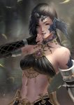  1girl au_ra bare_shoulders black_hair blurry blurry_background braid chuby_mi dragon_horns elbow_gloves final_fantasy final_fantasy_xiv fingerless_gloves gloves grey_eyes halterneck highres horns injury lips long_hair looking_at_viewer midriff navel one_eye_closed open_mouth scales solo wind 