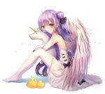  &gt;_&lt; 1girl angel_wings azur_lane bangs bare_shoulders bird black_bow black_ribbon blush blush_stickers bow chick closed_eyes commentary_request covered_mouth dress eyebrows_visible_through_hair feathered_wings from_side hair_between_eyes hair_bun hair_ribbon highres long_hair looking_at_viewer looking_to_the_side neiless_neiro no_shoes object_hug one_side_up pantyhose purple_hair ribbon side_bun sidelocks sitting solo stuffed_animal stuffed_pegasus stuffed_toy stuffed_unicorn unicorn_(azur_lane) very_long_hair violet_eyes white_background white_dress white_legwear white_wings wings 