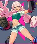  1girl abs bike_shorts bike_shorts_under_shorts gauntlets heybot! long_hair muscle muscular_female naguri_(heybot!) pink_hair ponzu_(beetle_burner) prehensile_hair short_shorts shorts solo very_long_hair white_bike_shorts 