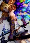  1girl blonde_hair closed_mouth colorful commentary_request cowboy_shot dark_angel_olivia dress elbow_gloves fiery_sword fiery_wings fire from_behind gloves granblue_fantasy grey_dress hair_ornament highres holding holding_sword holding_weapon horns looking_at_viewer looking_back multicolored multicolored_wings purple_gloves red_eyes scabbard sheath shimashima_(simasima_23) short_dress smile sword unsheathed weapon wings 