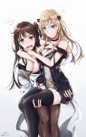  2girls blonde_hair blue_eyes blush breasts brown_eyes brown_hair carrying cleavage flying_sweatdrops girls_frontline gloves heart highres k-2_(girls_frontline) k5_(girls_frontline) long_hair looking_at_viewer multiple_girls pantyhose princess_carry signature smile twitter_username vvy 