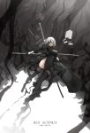  bandage bandages_over_eyes black_dress black_gloves black_legwear boots breasts chinese_robot_kid cleavage dress gloves highres nier_(series) nier_automata robot sword thigh-highs thigh_boots thighs weapon white_hair white_sleeves yorha_no._2_type_b 