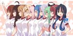  6+girls ahoge beret black_hair black_ribbon blonde_hair blue_eyes blue_hair braid breasts brown_eyes brown_hair bust_chart commentary_request comparison floral_background gradient_hair green_eyes green_hair grey_hair gym_shirt hair_between_eyes hair_flaps hair_ornament hair_over_shoulder hair_ribbon hair_tie hairband hairclip hand_up harusame_(kantai_collection) hat highres kantai_collection kawakaze_(kantai_collection) light_brown_hair long_hair looking_at_viewer looking_to_the_side low_twintails medium_breasts messy_hair mole mole_under_eye multicolored_hair multiple_girls murasame_(kantai_collection) orange_hairband pink_hair profile red_eyes red_hairband redhead remodel_(kantai_collection) ribbon sailor_hat samidare_(kantai_collection) shigure_(kantai_collection) shiratsuyu_(kantai_collection) shirt short_hair side_ponytail silver_hair single_braid small_breasts suzukaze_(kantai_collection) suzuki_toto t-shirt twintails umikaze_(kantai_collection) very_long_hair white_hat white_shirt yamakaze_(kantai_collection) yuudachi_(kantai_collection) 
