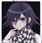  1boy atobesakunolove black_background checkered checkered_scarf closed_mouth commentary_request dangan_ronpa facebook_username finger_to_mouth hair_between_eyes highres long_sleeves looking_at_viewer new_dangan_ronpa_v3 ouma_kokichi purple_hair ringed_eyes scarf shirt simple_background smile solo violet_eyes watermark web_address white_shirt 