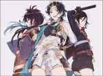  3boys armor black_border black_gloves black_hair blue_hair border braid cape fudou_yukimitsu gem gloves hand_on_hip highres japanese_armor kiwame_(touken_ranbu) male_focus military military_uniform multiple_boys necktie open_mouth ponytail purple_hair shorts smile taikogane_sadamune tantou touken_ranbu uniform violet_eyes weapon yagen_toushirou yamada_chickenko yellow_eyes 