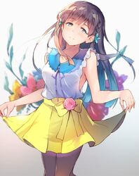  1girl bangs bare_shoulders black_hair blunt_bangs blush braid breasts brown_eyes closed_mouth collarbone collared_shirt cowboy_shot eyebrows_visible_through_hair flower gradient gradient_background hair_flower hair_ornament holding_skirt idolmaster idolmaster_cinderella_girls kobayakawa_sae lace lace-trimmed_collar long_hair looking_at_viewer medium_breasts pink_flower pink_rose ribbon rose shirt simple_background skirt skirt_hold smile solo standing straight_hair ultone_(neisiss) white_shirt yellow_skirt 