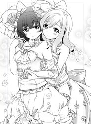  2girls ascot bangs blush bow bridal_veil brooch bubble_background couple dress flower fur_collar greyscale hair_bow hand_holding hug hug_from_behind jewelry kunikida_hanamaru long_hair looking_at_viewer love_live! love_live!_sunshine!! mikimo_nezumi monochrome multiple_girls sash side_bun smile strapless strapless_dress tsushima_yoshiko veil wedding wedding_dress wife_and_wife yuri 