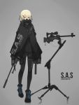  1girl black_footwear black_jacket black_legwear blonde_hair chinese_robot_kid grey_background gun half_mask highres jacket mask military military_jacket military_uniform original pantyhose raincoat rifle short_hair sniper_rifle thigh_strap uniform union_jack weapon yellow_eyes 