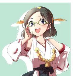  1girl :d adjusting_eyewear aqua_background bare_shoulders black_hakama blue_eyes blush brown_hair collarbone eyebrows_visible_through_hair glasses green-framed_eyewear hakama hand_on_hip headgear japanese_clothes kantai_collection kato_(mogumoguokome) kimono kirishima_(kantai_collection) long_sleeves nontraditional_miko open_mouth ribbon-trimmed_sleeves ribbon_trim round_teeth short_hair shoulder_cutout smile solo tareme teeth two-tone_background upper_body white_kimono 