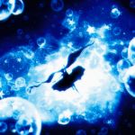  1girl blue blurry bubble commentary_request dress falling from_behind harada_miyuki hatsune_miku highres leg_up light_particles long_hair monochrome outstretched_arm shinkai_shoujo_(vocaloid) silhouette sinking solo star twintails underwater very_long_hair vocaloid 