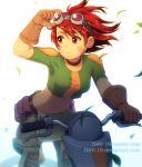 1girl choker crop_top dav-19 eva_wei eyebrows_visible_through_hair facial_mark gloves goggles goggles_on_head ground_vehicle leaf looking_to_the_side midriff motor_vehicle oban_star-racers red_eyes redhead scooter short_hair solo teenage tomboy watermark web_address white_background wind young