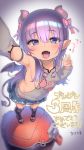  1girl :d armpits atte7kusa blush brave_sword_x_blaze_soul breasts detached_sleeves fang highres horns long_hair looking_at_viewer open_mouth pleated_skirt pointy_ears purple_hair skirt small_breasts smile solo star star_print tail teeth thigh-highs violet_eyes w wings 