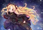  1girl :d bangs birdcage black_dress blonde_hair blush bow cage commentary_request dress ereshkigal_(fate/grand_order) eyebrows_visible_through_hair fate/grand_order fate_(series) forehead fur-trimmed_sleeves fur_trim hair_bow kuroko_(krgm965) long_hair long_sleeves open_mouth parted_bangs purple_bow red_eyes skull smile solo space star_(sky) tiara two_side_up upper_teeth very_long_hair 