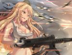  1girl aircraft airplane ammunition_belt armpits bangs bleeding blonde_hair blood breasts browning_m2 bullet cleavage clothes_around_waist clouds crop_top deep_wound dog_tags eyebrows_visible_through_hair firing floating_hair girls_frontline gloves gun hat heavy_machine_gun highres injury jacket_around_waist jewelry large_breasts light_particles long_hair looking_afar m2hb_(girls_frontline) machine_gun military military_hat navel necklace open_mouth orange_eyes reloading septet_(zrca_janne) sidelocks sleeveless smoke solo stomach sweat sweatdrop tripod very_long_hair weapon white_crop_top white_gloves wind wind_lift 