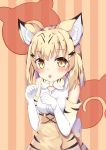  1girl animal_ears aroma0501 bangs bare_shoulders blonde_hair blush bow bowtie brown_skirt cat_ears cat_girl cat_tail closed_mouth commentary_request elbow_gloves eyebrows_visible_through_hair gloves hair_between_eyes hands_up high-waist_skirt highres japari_symbol kemono_friends long_hair print_gloves print_neckwear print_skirt sand_cat_(kemono_friends) shirt skirt sleeveless sleeveless_shirt solo striped striped_background tail tongue tongue_out vertical-striped_background vertical_stripes white_gloves white_shirt 