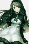  1girl agnes_oblige black_gloves bravely_default:_flying_fairy bravely_default_(series) closed_mouth dress gloves green_eyes green_hair grey_background hairband hankuri juliet_sleeves long_hair long_sleeves looking_at_viewer puffy_sleeves simple_background smile solo white_dress 