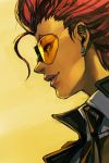 1girl crimson_viper earrings glasses hankuri jewelry light_smile parted_lips pince-nez portrait profile redhead smile solo street_fighter street_fighter_iv_(series) sunglasses wing_collar yellow_background yellow_glasses 