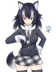  1girl bangs black_legwear character_request cowboy_shot fur_collar gloves grey_wolf_(kemono_friends) hand_on_hip heterochromia highres kemono_friends long_sleeves looking_at_viewer miyo_(ranthath) multicolored_hair necktie paw_print plaid plaid_neckwear plaid_skirt simple_background skirt solo streaked_hair tail thigh-highs white_background white_gloves 