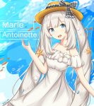  1girl :d artist_name bangs bare_shoulders blue_eyes blush bow breasts brown_hat character_name cleavage commentary dress eyebrows_visible_through_hair fate/grand_order fate_(series) grey_bow grey_ribbon hand_up hat hat_bow hat_ribbon head_tilt long_hair looking_at_viewer marie_antoinette_(fate/grand_order) off-shoulder_dress off_shoulder open_mouth plaid plaid_bow plaid_ribbon ribbon rocm_(nkkf3785) seashell_hair_ornament sidelocks silver_hair small_breasts smile solo starfish_hair_ornament sundress twintails very_long_hair white_dress 