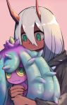  1girl absurdres aqua_eyes closed_mouth crossover dark_skin darling_in_the_franxx gen_7_pokemon grey_hair hair_between_eyes highres hug long_hair long_sleeves mareanie nail_polish pink_background pokemon pokemon_(creature) red_nails ringed_eyes sharp_teeth simple_background sketch smile teeth upper_body xufei_(qrbqrb) yellow_sclera zero_two_(darling_in_the_franxx) 
