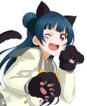  1girl ;d animal_ears bangs blue_hair bow bowtie cat_ears cat_tail double-breasted facial_mark fang gloves highres kemonomimi_mode long_hair long_sleeves looking_at_viewer love_live! love_live!_sunshine!! one_eye_closed open_mouth paw_gloves paws school_uniform serafuku side_bun signature simple_background smile solo tail takeya_yuuki tsushima_yoshiko upper_body uranohoshi_school_uniform violet_eyes white_background yellow_neckwear 
