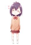  1girl ^_^ bafarin cardigan closed_eyes commentary_request full_body gabriel_dropout heart highres no_shoes purple_hair red_neckwear school_uniform simple_background smile socks solo tsukinose_vignette_april white_background white_legwear 