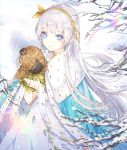  1girl anastasia_(fate/grand_order) bangs blue_eyes blush cape commentary_request doll dress eyebrows_visible_through_hair fate/grand_order fate_(series) hairband holding jewelry kinokohime long_hair looking_at_viewer orange_hairband ribbon royal_robe silver_hair solo very_long_hair 
