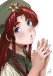  1girl bangs blue_eyes blush braid eyebrows fingernails fingers_together green_hat hands_up hat hong_meiling kamiyama_aya lips long_hair looking_at_viewer nose parted_bangs puckered_lips redhead shiny shiny_hair simple_background solo star touhou twin_braids upper_body vest white_background 