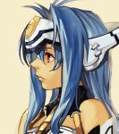  1girl antenna_hair bare_shoulders blue_hair closed_mouth expressionless from_side hair_between_eyes hankuri headgear kos-mos long_hair profile red_eyes robot_ears simple_background solo xenosaga yellow_background 