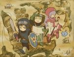  1girl blonde_hair bodysuit cape commentary_request dragon_quest dragon_quest_ii goggles goggles_on_head goggles_on_headwear hood long_hair map multiple_boys prince_of_lorasia prince_of_samantoria princess_of_moonbrook purple_hair sarai_gsk shield short_hair slime_(dragon_quest) spiky_hair sword weapon white_robe 