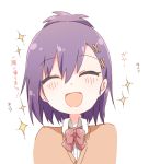  1girl :d ^_^ bafarin blush bow bowtie closed_eyes facing_viewer gabriel_dropout hair_ornament hairclip open_mouth portrait purple_hair red_bow red_neckwear school_uniform short_hair simple_background smile solo sparkle translation_request tsukinose_vignette_april white_background x_hair_ornament 