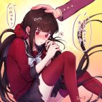  1boy 1girl bangs black_sailor_collar black_skirt blunt_bangs blush bow bowtie closed_mouth crying crying_with_eyes_open dangan_ronpa dated earrings feet_out_of_frame gradient gradient_background hair_ornament hair_scrunchie hairpin hand_on_another&#039;s_head harukawa_maki highres infinity jewelry knee_up long_hair long_sleeves looking_away looking_down low_twintails miniskirt momota_kaito nanin new_dangan_ronpa_v3 nose_blush petting playing_with_own_hair red_legwear red_shirt sailor_collar school_uniform scrunchie serafuku shirt sitting skirt solo_focus speech_bubble streaming_tears stud_earrings tareme tears thigh-highs translation_request twintails very_long_hair white_bow white_neckwear yellow_background zettai_ryouiki 