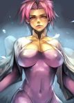  1girl breasts cape closed_mouth copyright_request covered_navel earrings erect_nipples hankuri jewelry large_breasts leotard looking_at_viewer pink_eyes pink_hair purple_leotard short_hair solo upper_body white_cape 