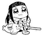  1girl :3 ainu ainu_clothes animal asirpa bandanna bkub boots cape child clenched_hand earrings fur_boots fur_cape golden_kamuy greyscale holding holding_animal holding_staff hoop_earrings jewelry long_hair monochrome sheath simple_background smile solo staff two_side_up walrus white_background 