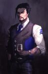 1boy arm_tattoo beard black_hair commentary cup drinking_glass facial_hair formal hand_in_pocket hanzo_(overwatch) highres looking_at_viewer male_focus necktie overwatch penthesilence portrait scion_hanzo shade sleeves_pushed_up solo suit tattoo vest watch watch wine_glass 