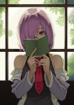  1girl absurdres black_dress book covering_mouth dress fate_(series) glasses hair_over_one_eye highres icarus_(artist) jacket lavender_hair looking_at_viewer mash_kyrielight necktie off_shoulder open_clothes open_jacket red_neckwear short_hair solo upper_body violet_eyes window 