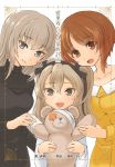  3girls :d ari_(ari_stotle0) artist_name bandage bangs black_sweater blue_eyes boko_(girls_und_panzer) brown_eyes brown_hair cast casual closed_mouth commentary_request cover cover_page dress eyebrows_visible_through_hair front_cover girls_und_panzer head_tilt highres holding holding_stuffed_animal itsumi_erika light_brown_hair long_hair long_sleeves looking_at_viewer multiple_girls nishizumi_miho novel_cover open_mouth ribbed_sweater shimada_arisu shirt short_hair side-by-side side_ponytail silver_hair smile standing stuffed_animal stuffed_toy sweater teddy_bear translation_request turtleneck upper_body white_shirt yellow_dress 