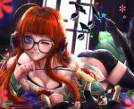  1girl ass bangs black_legwear black_shorts blunt_bangs breasts cat cleavage eyebrows_visible_through_hair fur-trimmed_jacket fur_trim glasses green_jacket headphones highres jacket javier_estrada long_hair long_sleeves looking_at_viewer lying medium_breasts morgana_(persona_5) no_shoes on_side one_eye_closed open_clothes open_jacket orange_hair persona persona_5 sakura_futaba shirt shorts smile solo_focus tank_top teeth thigh-highs toes toy ufo violet_eyes 