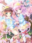  2girls :d animal_ears azur_lane bangs bell blue_shirt blurry blurry_background blurry_foreground blush bow brown_footwear brown_hair cat_ears cat_girl cat_tail cherry_blossoms chromatic_aberration commentary_request day depth_of_field dutch_angle ears_through_headwear eyebrows_visible_through_hair fang flower green_eyes hair_between_eyes hair_ribbon hand_holding hand_up hat highres interlocked_fingers jingle_bell kindergarten_uniform kisaragi_(azur_lane) lifebuoy loafers long_hair long_sleeves looking_at_viewer looking_to_the_side loose_socks multiple_girls mutsuki_(azur_lane) neckerchief open_mouth outdoors parted_lips petals pink_flower pink_hair pleated_skirt red_bow red_ribbon ribbon sailor_collar school_hat shirt shoes skirt smile sunlight tail tail_bell tail_bow thigh-highs very_long_hair violet_eyes white_legwear white_sailor_collar yellow_hat yellow_neckwear yellow_skirt yuyuko_(yuyucocco) 