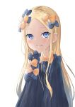  1girl abigail_williams_(fate/grand_order) bangs black_bow black_dress blonde_hair blue_eyes blush bow closed_mouth dress eyebrows_visible_through_hair fate/grand_order fate_(series) forehead hair_bow highres long_hair long_sleeves no_hat no_headwear orange_bow parted_bangs polka_dot polka_dot_bow senagawa_roro simple_background sleeves_past_fingers sleeves_past_wrists smile solo very_long_hair white_background 