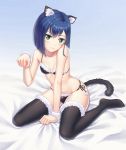  1girl animal_ears bed_sheet black_bra black_legwear black_panties blue_hair bra bracelet breasts cat_ears cat_tail closed_mouth collarbone darling_in_the_franxx fur-trimmed_bra fur-trimmed_legwear fur-trimmed_panties fur_trim green_eyes hair_between_eyes highres ichigo_(darling_in_the_franxx) jewelry panties paw_pose short_hair side-tie_panties sitting small_breasts solo tail thigh-highs underwear wariza xi_wan_de_xigua_p 