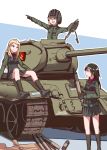  3girls :d absurdres arm_support artist_name bangs black_footwear black_gloves black_hair black_skirt black_vest blonde_hair blue_eyes boots clara_(girls_und_panzer) closed_mouth emblem fang girls_und_panzer gloves green_jacket green_jumpsuit ground_vehicle helmet highres holding jacket katyusha light_frown long_hair long_sleeves looking_at_another looking_to_the_side military military_uniform military_vehicle miniskirt motor_vehicle multiple_girls nonna open_mouth pleated_skirt pointing pravda_(emblem) pravda_military_uniform red_shirt shirt short_hair short_jumpsuit signature sitting skirt smile standing swept_bangs t-34 tank tank_shell tegar32 turtleneck uniform vest 