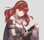  1girl brown_hair celica_(fire_emblem) fingerless_gloves fire_emblem fire_emblem_echoes:_mou_hitori_no_eiyuuou fire_emblem_gaiden gloves grey_background long_hair looking_at_viewer redhead simple_background smile thigh-highs 