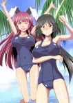  2girls :d absurdres angry animal_ears armpits bangs black_hair blush braid breast_hold breasts brown_eyes cleavage clenched_hand clenched_teeth dutch_angle embarrassed gluteal_fold hair_between_eyes highres infinite_stratos jumping kuroda_ariake large_breasts long_hair multiple_girls ocean old_school_swimsuit one-piece_swimsuit one_eye_closed open_mouth orimura_chifuyu palm_tree purple_hair rabbit_ears school_swimsuit shinonono_tabane smile sweatdrop swimsuit teeth tree twin_braids violet_eyes 
