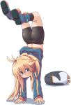  1girl ahoge ass balancing bike_shorts bird black_legwear blonde_hair boots green_eyes handstand highres jacket kneehighs long_hair lying m.m on_side original penguin ponytail shorts upside-down 