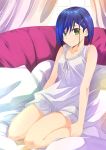  1girl blue_hair breasts couch curtains darling_in_the_franxx green_eyes hair_ornament ichigo_(darling_in_the_franxx) kuro_(1968) looking_at_viewer nightgown pillow seiza short_hair sitting small_breasts smile solo window 