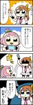  2girls 4koma :&gt; arihara_tsubasa arm_up bangs baseball_uniform bkub blue_eyes bow brown_hair clenched_hand comic commentary_request eyebrows_visible_through_hair fingerless_gloves gloves green_eyes hachigatsu_no_cinderella_nine hair_bow hair_bun highres holding holding_phone icon ikusa_katato long_hair looking_at_phone multiple_girls necktie open_mouth phone pink_hair shaded_face shirt short_hair simple_background skirt smile speech_bubble sportswear surprised sweatdrop talking translation_request two-tone_background two_side_up yellow_bow 