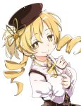  1girl beret blonde_hair drill_hair hair_ornament hairpin hat ixy magical_girl mahou_shoujo_madoka_magica simple_background smile solo tomoe_mami twin_drills white_background yellow_eyes 